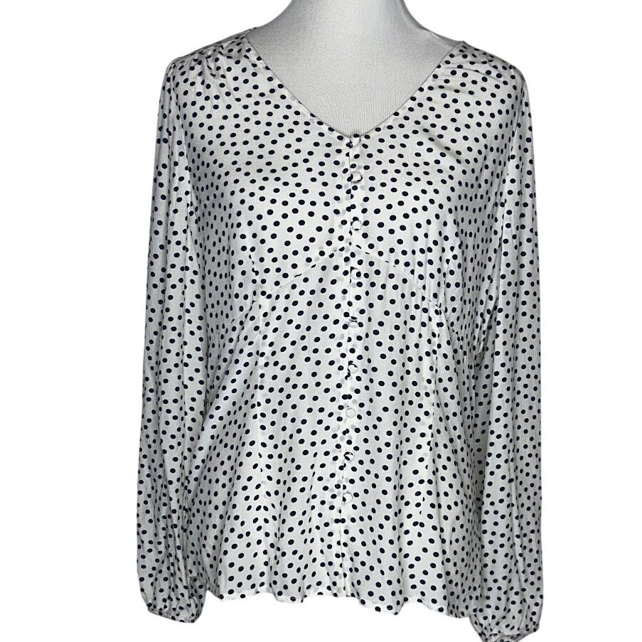 Talbots Polka Dot V-Neck Button Front Blouse Navy White Viscose Size 12